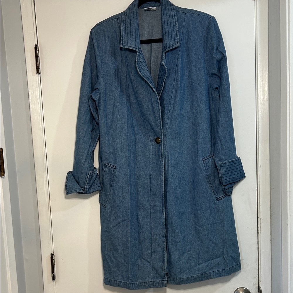 Vtg Newport News Denim Women's Long Coat Jacket Duster 100% Cotton 2 Front Pocke